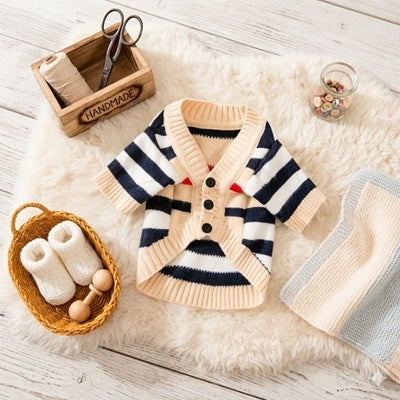 Manteau en laine pour petit chien marinière cardigan rayures marine écru