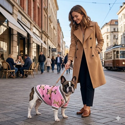 Manteau en laine pour petit chien rose Bouledogue Français promenade urbaine