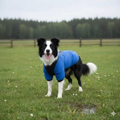 manteau impermeable pour chien bleu border collie prairie campagne exterieur