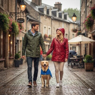 manteau impermeable pour chien bleu couple ville pluie golden retriever urbain
