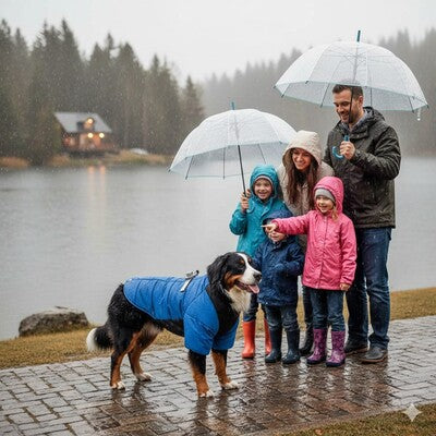 manteau impermeable pour chien bleu famille pluie lac foret