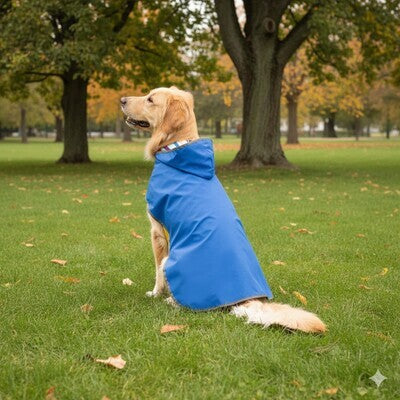 manteau impermeable pour chien bleu golden retriever parc automne assis heureux