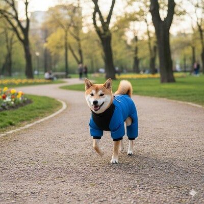 manteau impermeable pour chien bleu shiba inu parc printemps promenade