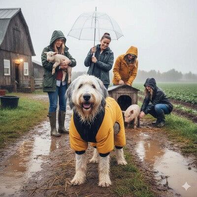 manteau impermeable pour chien jaune berger pluie ferme campagne famille