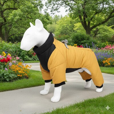 manteau impermeable pour chien jaune bull terrier jardin fleurs printemps