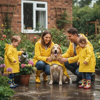 manteau impermeable pour chien jaune famille pluie jardin golden retriever enfants