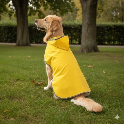 manteau impermeable pour chien jaune golden retriever parc automne assis profil