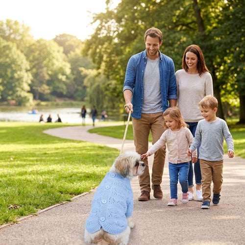 Manteau laine chien pull tricot bleu Shih Tzu parc famille enfants