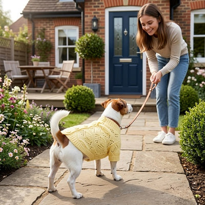 Manteau laine chien pull tricot jaune Jack Russell jardin promeneuse