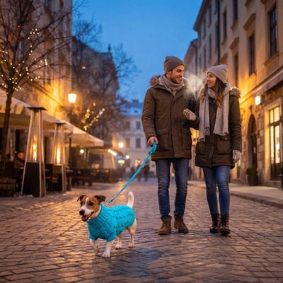 Manteau laine pour chien bleu promenade ville hiver couple
