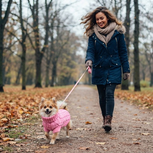 Manteau laine pour chien rose promenade automne parc