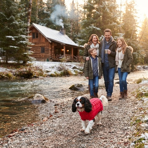 Manteau laine pour chien rouge famille forêt hiver chalet