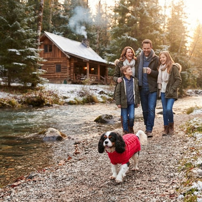 Manteau laine pour chien rouge famille forêt hiver chalet