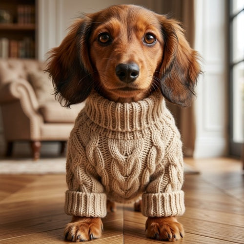 manteau laine pour chien teckel beige torsadé vue de face intérieur