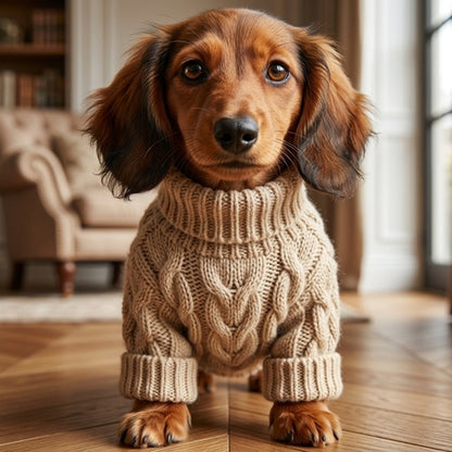 manteau laine pour chien teckel beige torsadé vue de face intérieur