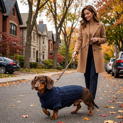 manteau laine pour chien teckel bleu marine promenade urbaine automne