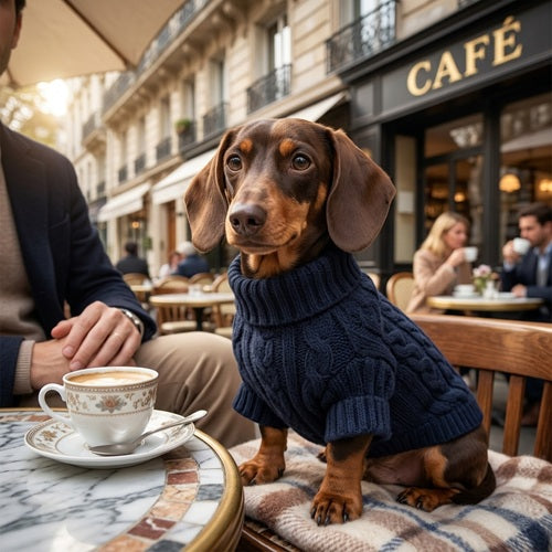 manteau laine pour chien teckel bleu marine terrasse café