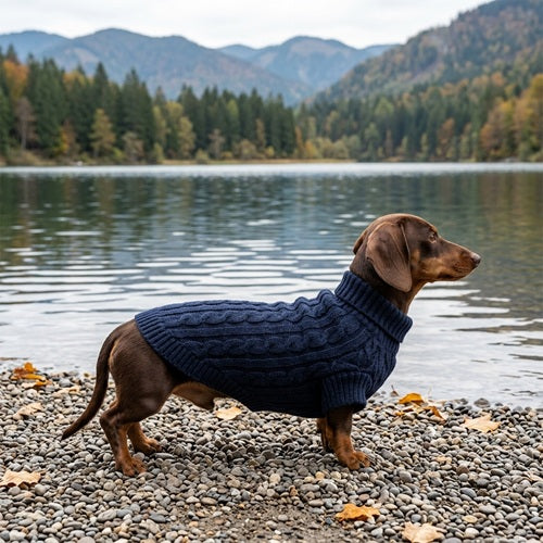 manteau laine pour chien teckel bleu marine torsadé bord du lac