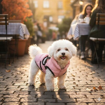 manteau petit chien harnais integre rose bichon terrasse cafe automne