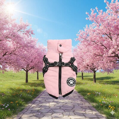 manteau petit chien harnais integre rose printemps cerisiers impermeable reflechissant