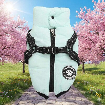 manteau petit chien harnais integre vert  printemps cerisiers impermeable reflechissant