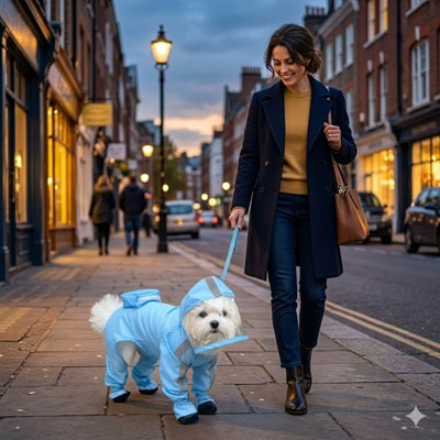 manteau pluie chien intégral bleu bichon rue commerçante crépuscule laisse