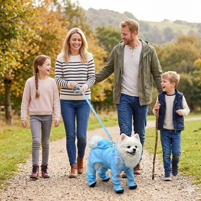 manteau pluie chien intégral bleu famille balade automne spitz sentier parc