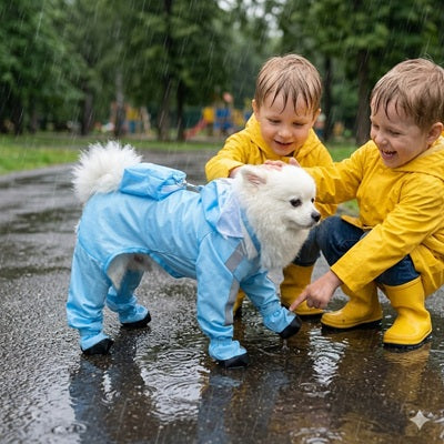 manteau pluie chien intégral bleu spitz enfants flaque parc averse