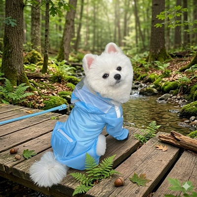 manteau pluie chien intégral bleu spitz forêt ruisseau passerelle bois