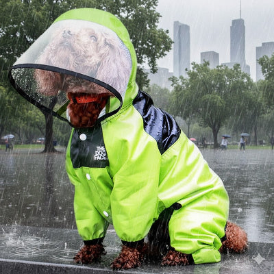 manteau pluie chien integral capuche visiere impermeable vert parc urbain caniche