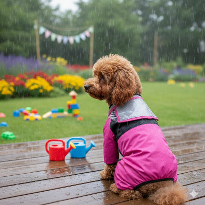 manteau pluie chien rose caniche jardin impermeable reflechissant exterieur lifestyle