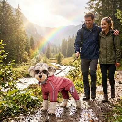 manteau pluie chien rose schnauzer arc en ciel montagne couple forêt