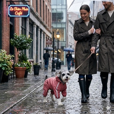 manteau pluie chien schnauzer couple promenade rue pavée rose