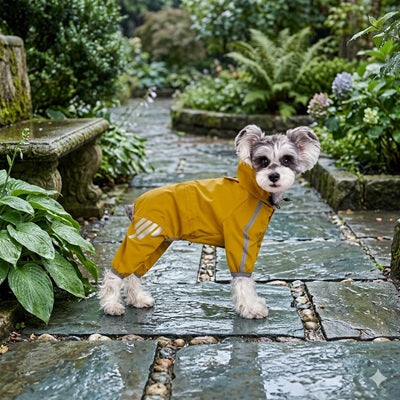 manteau pluie chien schnauzer jaune moutarde combinaison jardin pierre mousse