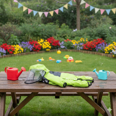 manteau pluie chien vert capuche visiere jardin impermeable lifestyle exterieur