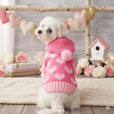 Manteau pour chien en laine Bichon rose capuche cœurs Saint-Valentin