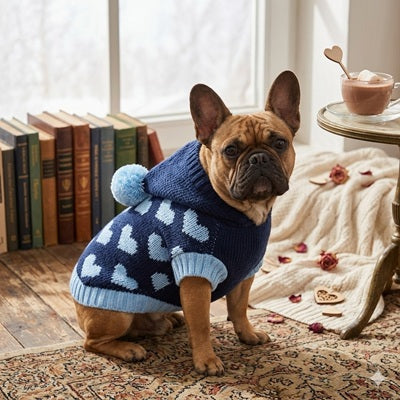 Manteau pour chien en laine Bouledogue bleu marine cœurs bibliothèque