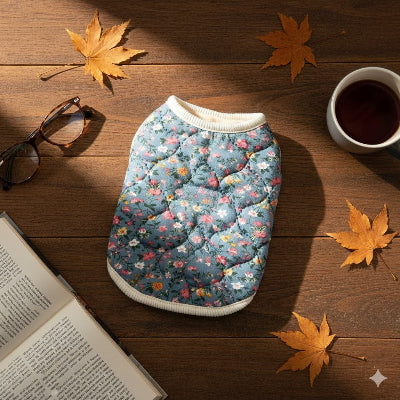 manteau pour chien floral bleu automne matelasse cafe livre cosy confort premium chaleureux