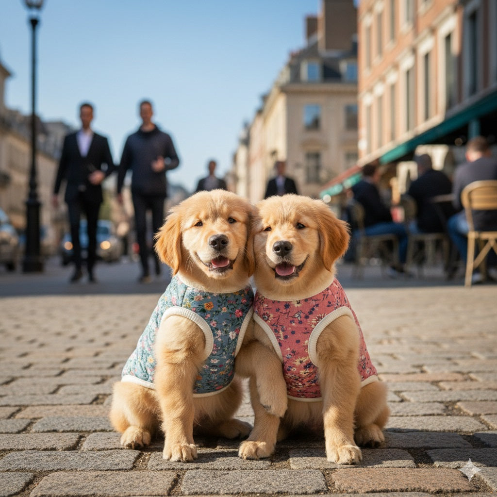 manteau pour chien golden retriever duo ville floral rose bleu terrasse cafe adorable jumeaux
