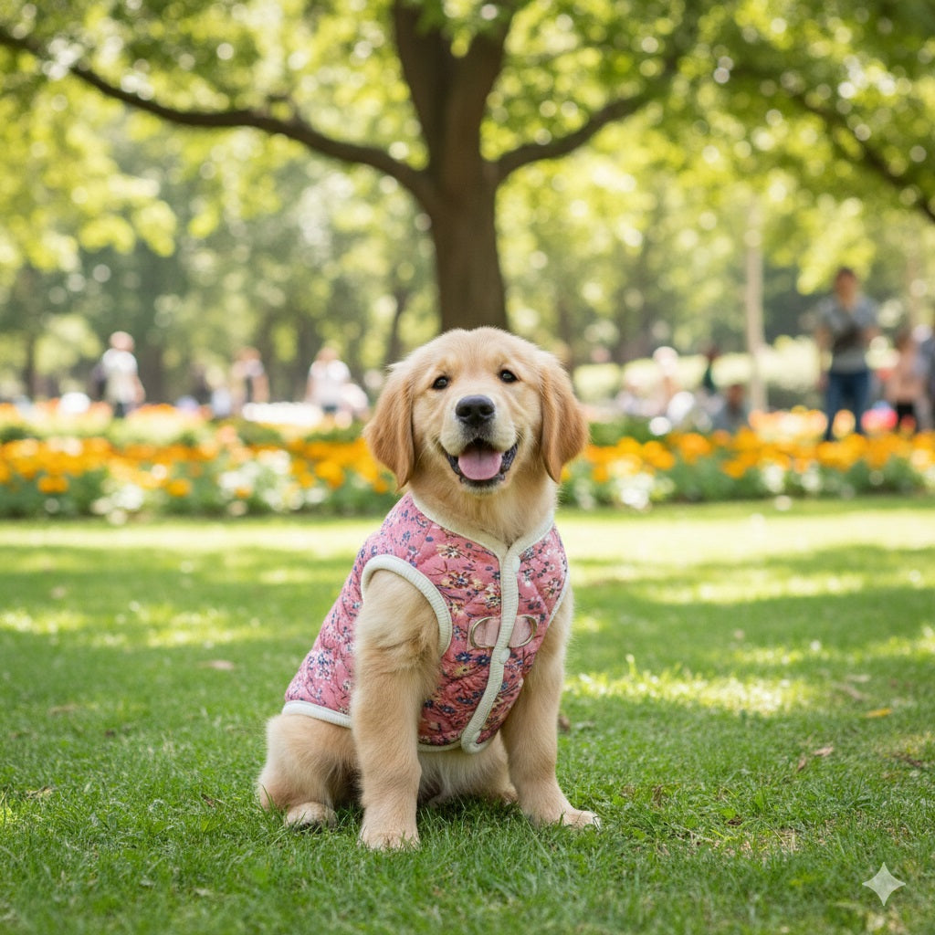 manteau pour chien golden retriever rose floral parc printemps exterieur heureux adorable nature