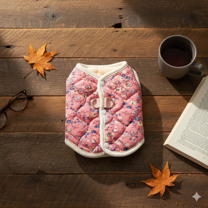 manteau pour chien rose floral automne matelasse confort premium cafe livre cosy chaleureux