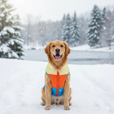 manteau pour petit chien hiver orange bleu jaune golden retriever neige impermeable