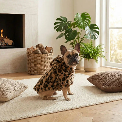 manteau pour petit chien polaire leopard beige bouledogue francais interieur cheminee