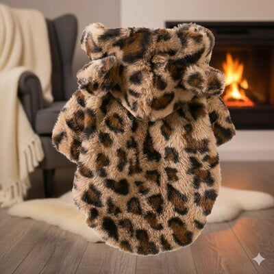 manteau pour petit chien polaire leopard beige capuche cheminee texture douce