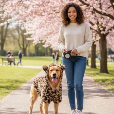 manteau pour petit chien polaire leopard golden retriever parc printemps cerisiers