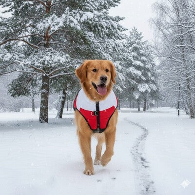 manteau pour petit chien rouge blanc hiver neige golden retriver