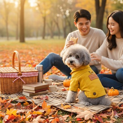 manteaux chien jaune bichon pique nique automne couple parc lifestyle