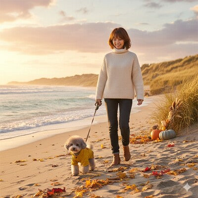 manteaux chien jaune petit chien plage automne promenade coucher soleil
