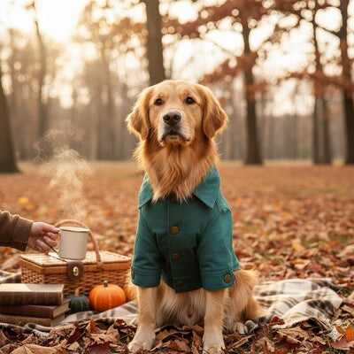 manteaux chien vert golden retriever automne foret pique nique lifestyle