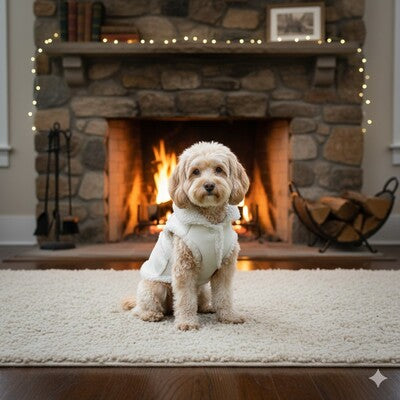 manteaux petits chiens blanc hiver cheminee chaleur cosy confort luxe